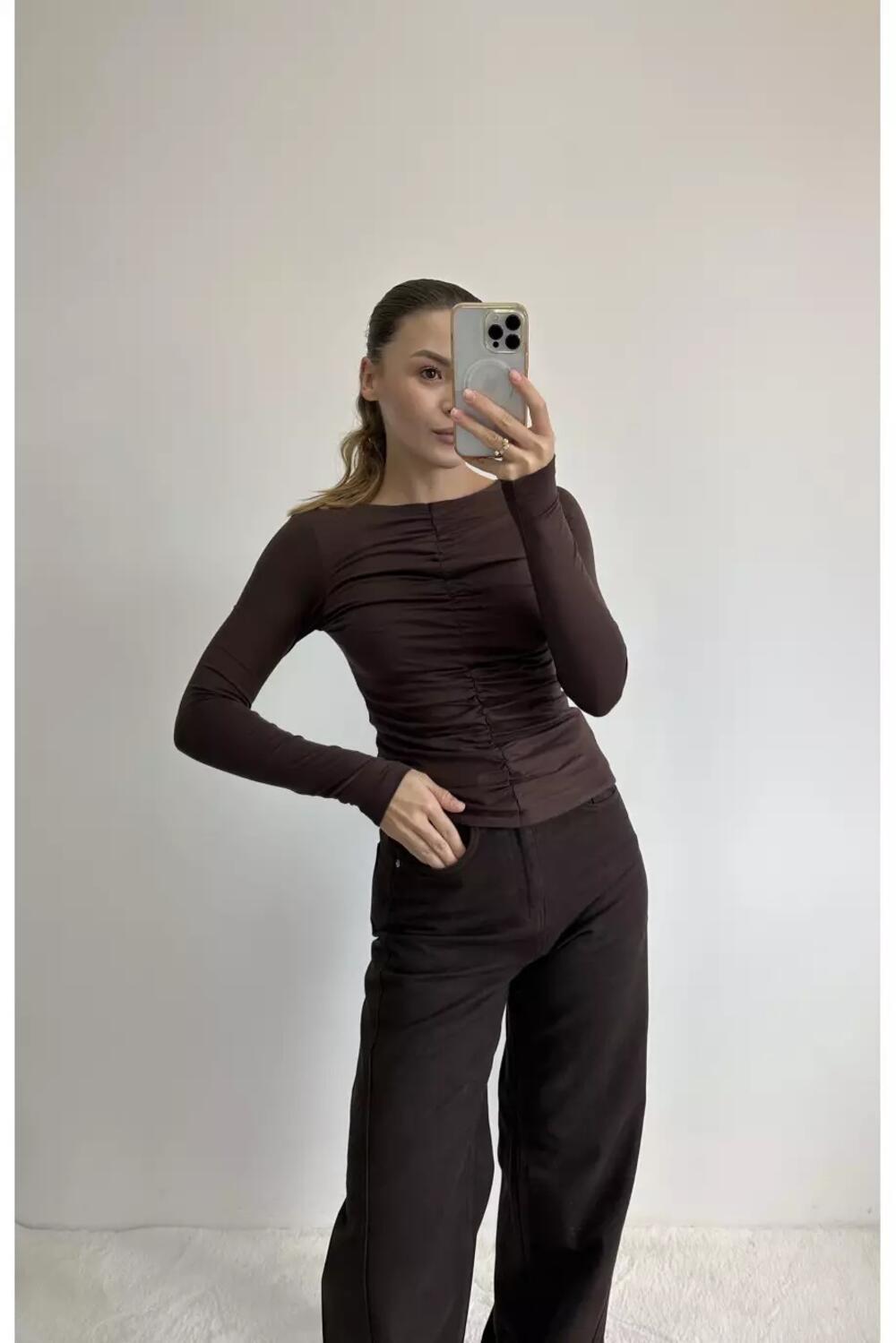 Лонгслів з драпіруванням LS013 Шоколадний, M