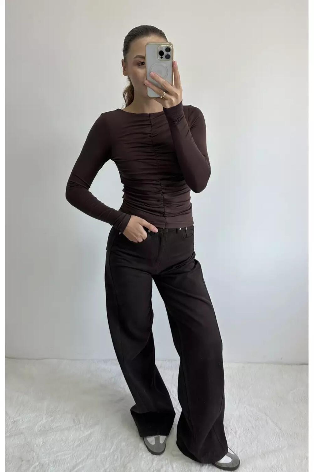 Лонгслів з драпіруванням LS013 Шоколадний, M