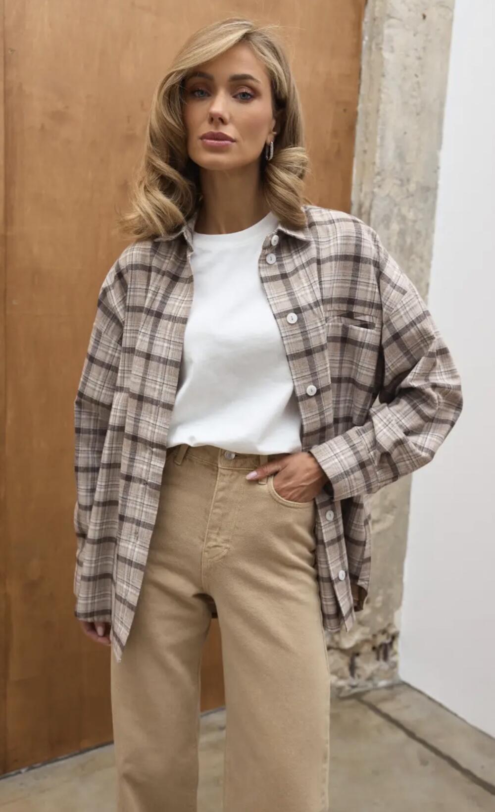 Сорочка бавовняна в клітинку SH102 Бежевий, M/L