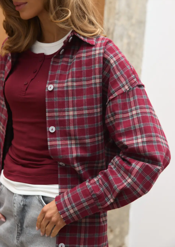 Сорочка в клітинку з акцентними швами TW28 Бургунді, M/L