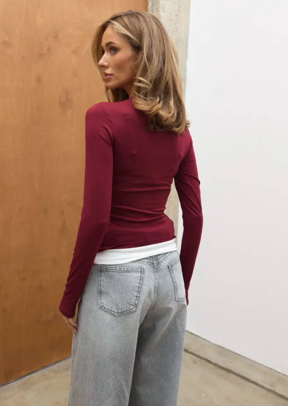 Лонгслів на гудзиках контрастний LS016 Бургунді, S