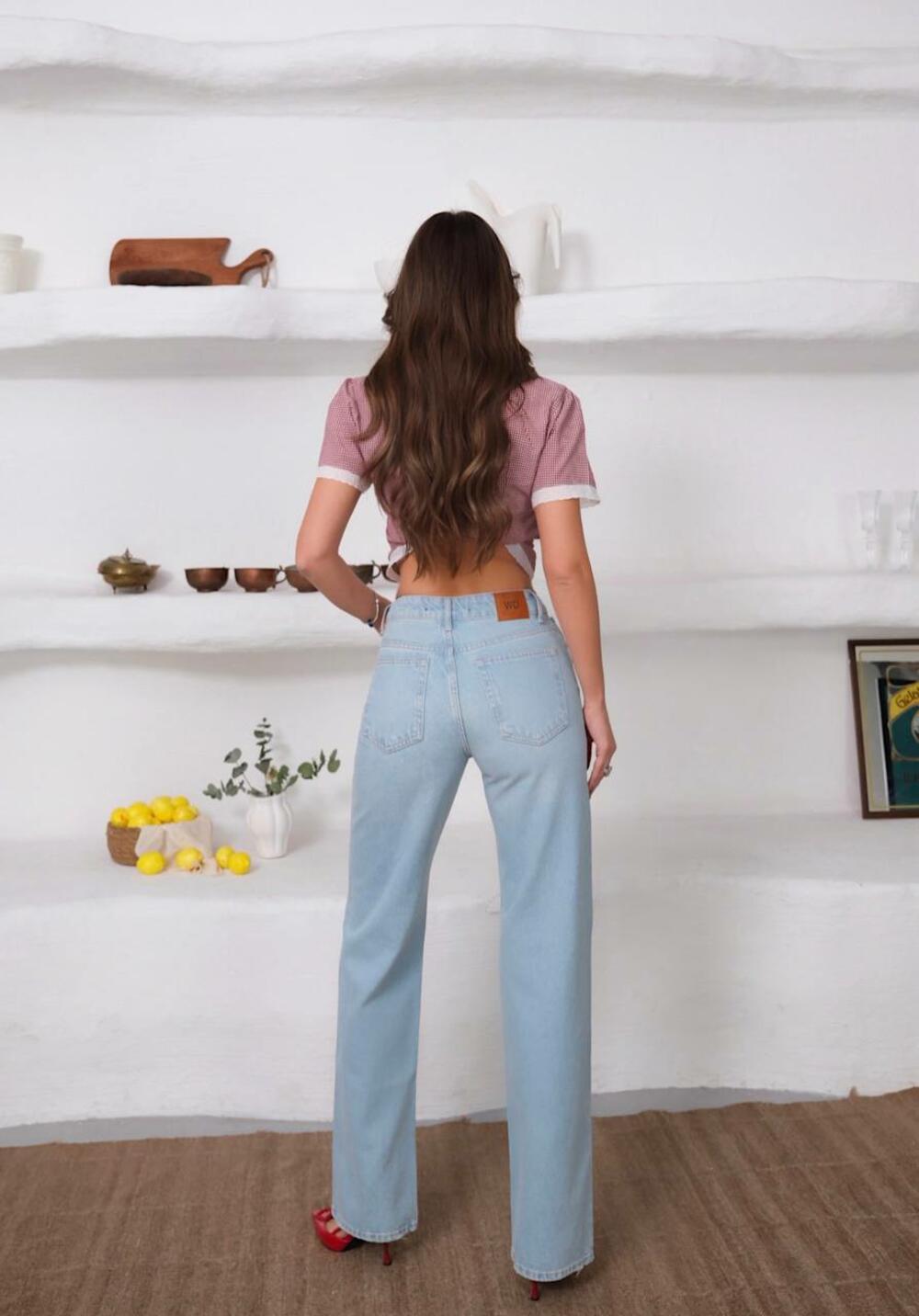 Джинси 2003/1650/ середня посадка  WIDE LEG акцентні губи на кармані Блакитний DENIM, 34