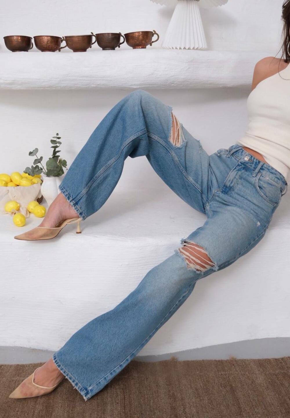 джинси 305/1647/ висока посадка  WIDE LEG диструкція на коліні Грязно-синій, 38