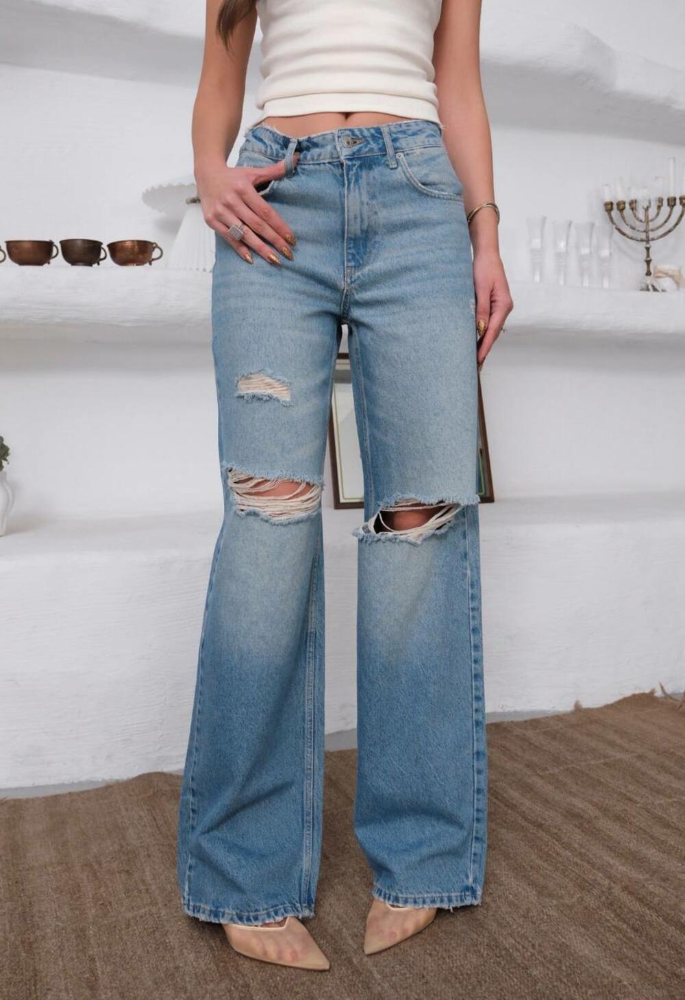 джинси 305/1647/ висока посадка  WIDE LEG диструкція на коліні Грязно-синій, 38