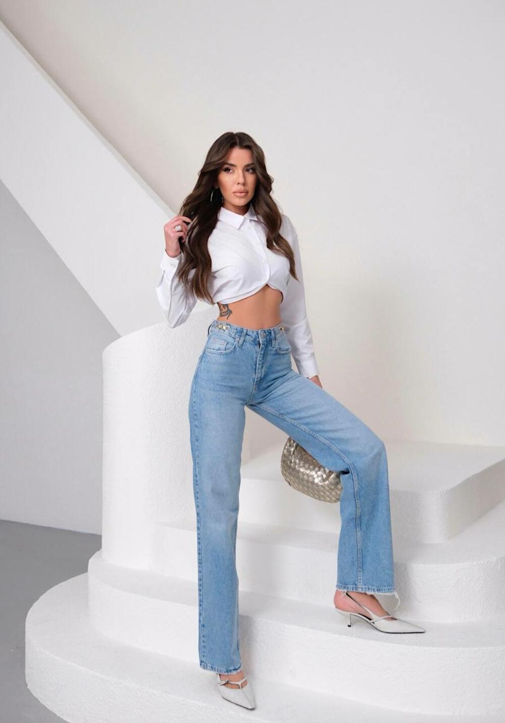 Джинси 2003/1637/ висока посадка WIDE LEG брошка на поясі Блакитний DENIM, 34