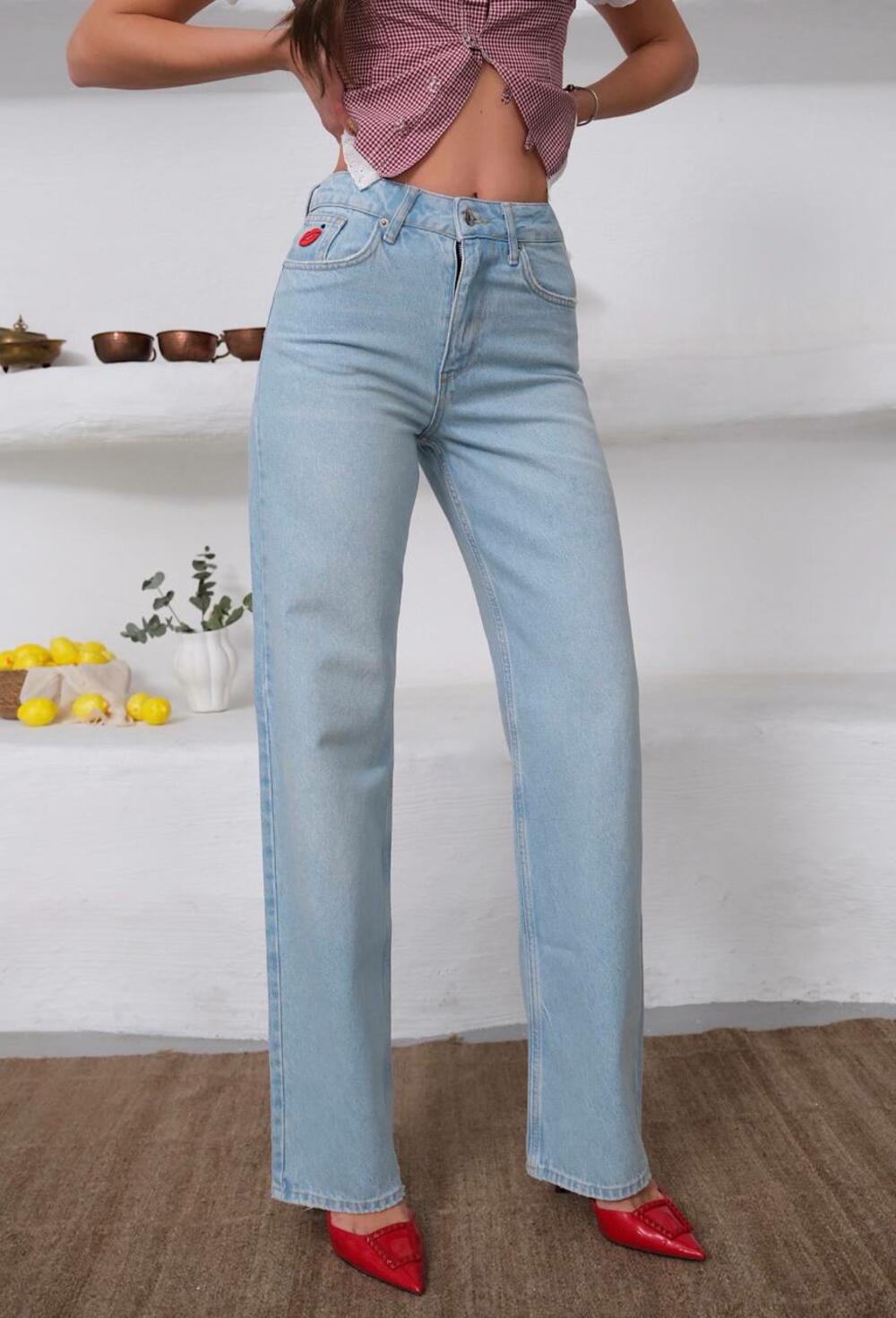 Джинси 2003/1650/ середня посадка  WIDE LEG акцентні губи на кармані Блакитний DENIM, 36