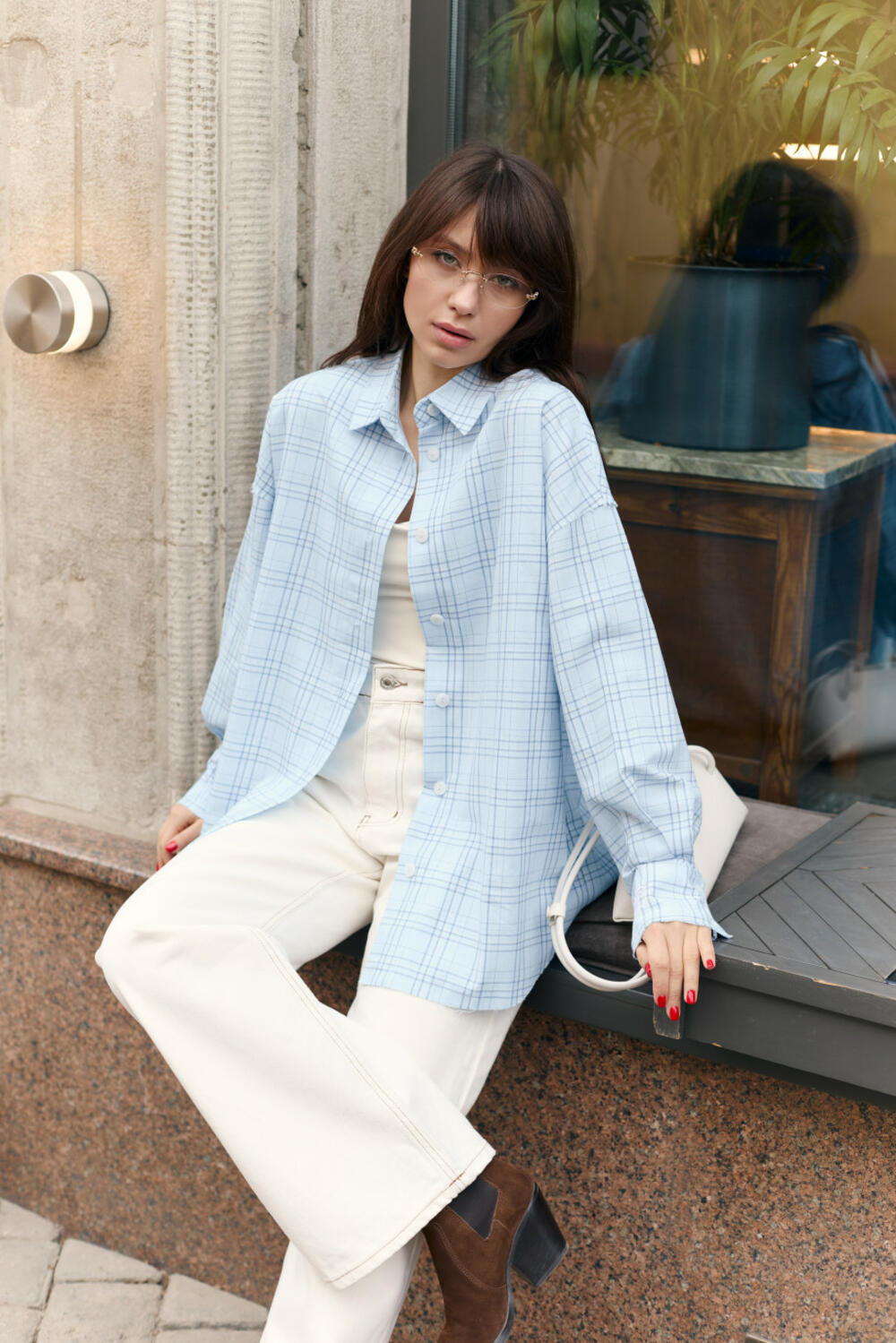 Сорочка в клітинку з акцентними швами TW28 Блакитний, XS/S